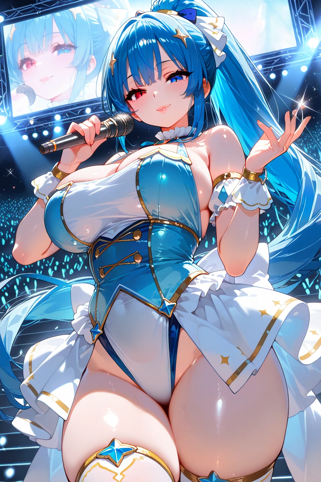 illustratio、Cinematic Light、hight resolution、best qualtiy、ultra-detailliert、A detailed face、(A detailed eye)、top-quality、ultra-detailliert、masterpiece、(详细的脸)、Clean face、The best smile、Sexy mature woman transparent(Cute T-shirt)cloths、Floating cloth、see -through、a choker、、D-cups、cleavage of the breast:2、NSFW、high-heels、blue eyess、Neon small shiny hair ends、a frilled miniskirt、AI Fantasy Concert、Shining lighting with neon details、Hold the microphone with your left hand and sing:15、Dark Magic💕、(Live Stage:1.15)To the background audience、 Stick your butt out and sing、light reflections、Heart-shaped iris、playful eyes、Open shoulders、Sateen、(a wet body)、Small glowing butterfly、Hair Jewelry、pantiy、((Cute embroidered white string panties))