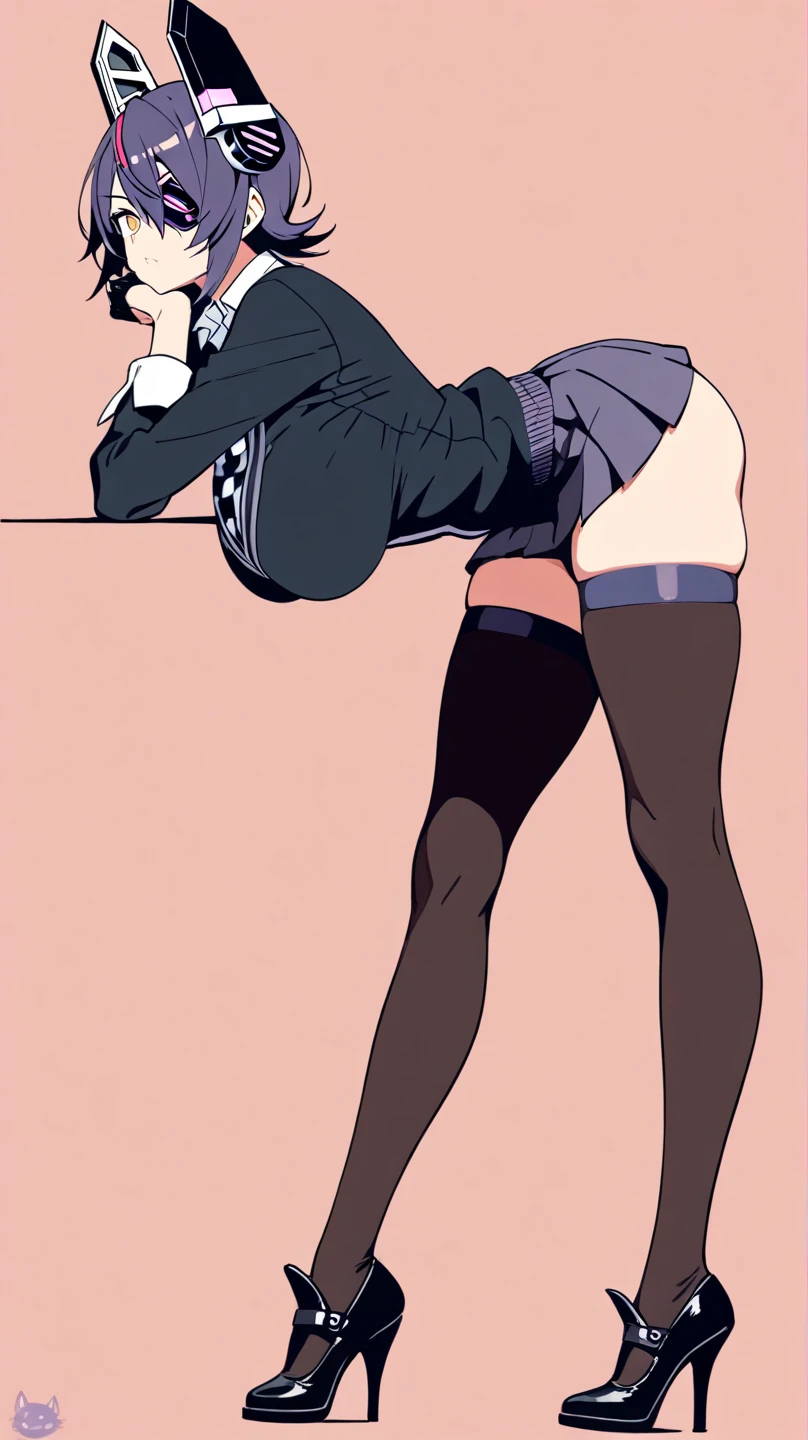 (Masterpiece) (ultra detailed) From above view. Looking down at young girl, bent over, on her knees, pants are pulled down around her ankles, showing perfect slim skinny ass, in fishnet stockings, night time, mostly dark, very dark, minimal reflective lighting, Background is a messy bedroom
