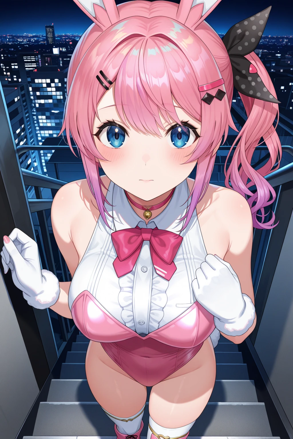 Anime woman with short pink hair taking pictures with cellphone, flustered