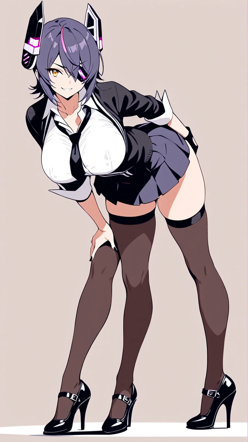 masterpiece, best quality, ultra-detailed, illustration, colorful, flat color, depth of field, 1girl, riven, anime, staying on her knees on the floor, silver hair, short hair, folded ponytail, brown eyes, looking at viewer, white shirt, black tie, black pencil skirt, thighhighs, garter straps, detailed skin texture, detailed cloth texture, beautiful detailed face, blush, shy, large breasts, view from front, fit, hourglass figure, high heels, open mouth, saliva, tongue out, showing double v sign