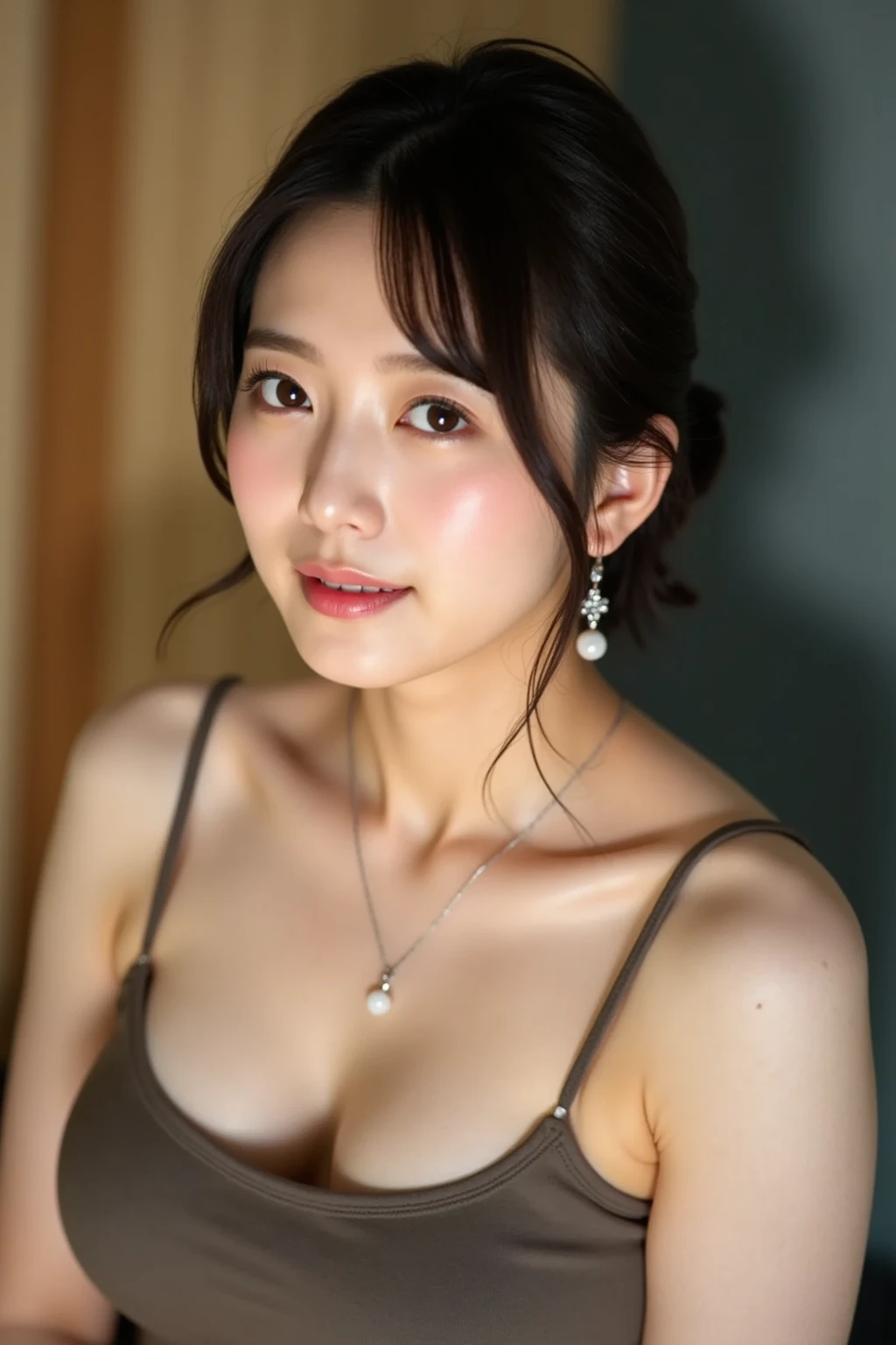 (Elegant floral micro bikini, No bra, Nipples, Focus on the lower body:1.5),
((Age 25, Elegant beautiful female announcer, Sexy body, Naughty older sister, She flashes her breasts at me and tempts me:1.4)),
((She looks like she wants to be kissed.:1.2)),
((I love you?, I want to kiss you?, I want to fuck you?, cheat with me?:1.2)),
((Where are you touching? You're so naughty.!,Your dick is getting hard,You were thinking about something naughty:1.2)),
((Come closer to me, kiss my chest, If you touch me that much I'll feel it:1.2)),
((Pool shower cubicles, Complete darkness, The night view is visible in the distance:1.2)),
((Just me and my girlfriend, Making love in the shower, I hug her and kiss her:1.3)),
Eye focus, Narrow shoulders, Beautiful clavicle, Long, slender legs, The back of the hand is beautiful and feminine,
Slender figure, A soft belly, Thin waist,
Ultra detailed face, Ultra detailed breasts, Ultra-detailed skin, Fair skin, Glossy Skin,
Slim face contour, Beautiful small face, Beautiful straight nose,
Ultra-detailed eyes, Slit eyes, Brown eyes, double eyelid, Beautiful thin eyebrows, Thin, long eyelashes,
Ultra-detailed lips, Fuller lips, Glossy pink lips, Flushed Cheeks, White teeth,
Beautiful actress's languid make-up, Pink lipstick,
Dark Brown Hair, Delicate soft hair,
(Put your hair up, Medium Short Hair, Layered:1.2), (Blunt bangs:1.2),
(Stylish looking earrings,necklace,bracelet:1.2),
((Squinting)),
((pursing lips)),
((Blushing)),