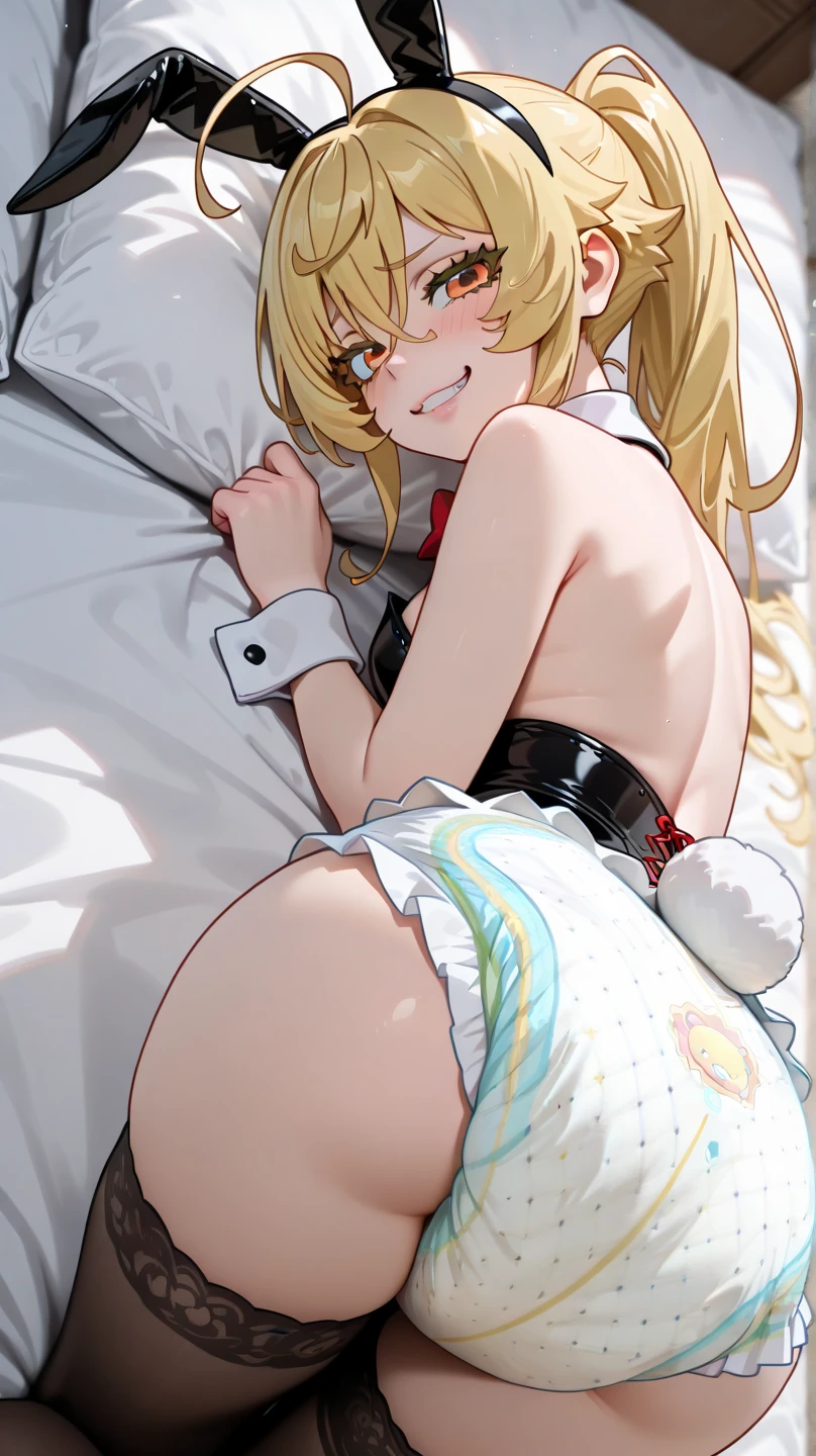 (highest quality, High resolution, perfect pixel, Depth of bounds written, 4K), bed, (from behind), cowboy shot, detailed eyes, (1 lady), tall, (skinny body:1.2), (thin thighs:1.2), (Narrow hips:1.2), large breasts, blond hair, (ponytail:1.2), (yellow:1.2), (cross halter bikini:1.2), (panty strap:1.2), (lying prone:1.2), (Arching the back:1.2), (stick out butt:1.4), (surprised:1.4), one eye closed, blush, open mouth, (sweat),