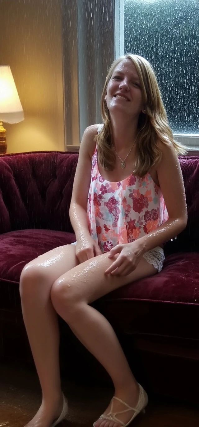 Realistic, masterpiece, High resolution, Soft Light, Mature Woman, Silver Hair, blue eyes, Hip Up, Maid clothes, jewelry, (Girl lying on bed)、beauty、 One Girl、alone、Long Hair、Audience、smile、blue eyes、hair ornaments、、gem、Gray Hair、shut up、Dull Bangani Cure、bracelet、lips、Grey Eyes、Portraiture、Red nails、close、Red lips、Put your hands on your face、Put your hand on your cheek、()、(Shiny skin)、((Outside the window, a skyscraper is hazy))、(Off-shoulder white dress with floral print),),((Girl with wide legs spread)),(Spread your legs),((Detailed female genitalia)),(Lift-up skirt)、