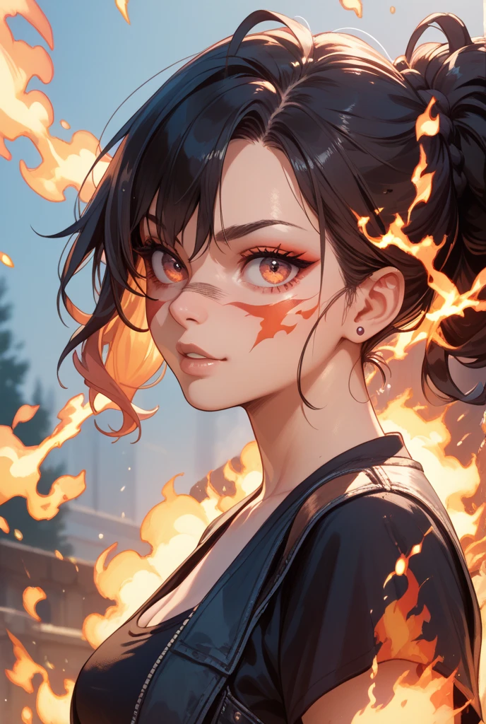 animal nose,masterpiece,best quality,felid,furry female,wolf girl,1girl,skinny,scars on the face,brunette hair,piercing look,blue and red eyes,(inside of blood flow1.2),one part is maniac with red eyes and hair,uniform covered with blood,other with blue hair and eyes,8k wallpaper,finely detailed beautiful face and eyes (abstract beauty, blood strokes, chaotic strokes and colorful red waves:1.2),extremly detailed CG,concept art,absurd,splash art,intense atmosphere,cinematic lighting and shadows,wide angle ADDCOMM volcanic island background Red flame,soft particles,explosion BREAK green flame,soft particles,explosion BREAK blue flame,soft particles,explosion volcanic island background,Style-NebMagic,