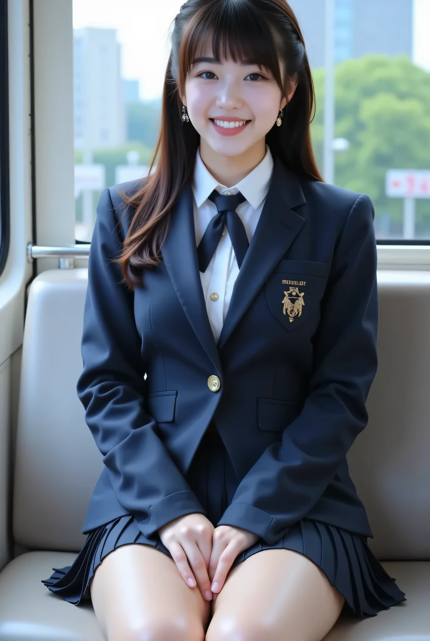  super realistic, sitting on a train seat.  she wears a traditional school uniform ,  including a navy blue blazer , white shirt, pleated skirt,  and a ribbon or ribbon properly tied .   her dark hair is simply  ,  and彼女は思慮深い表情 . A realistic depiction of a Japanese high school girl with prominent thighs,  fair with metal railings  ,  smooth, and、that creates a realistic and authentic atmosphere、realistic lighting and textures、.   the inside of the train is modern and clean  ,  ,   overhead ad  , and柔らかな自然光で少し強調.   in the background 、A glimpse of the cityscape can be faintly seen through the window ,  Buildings and trees 々It moves  .Sitting with Knees up on seat in train, spread legs.I'm sitting on a train seat with legs spread out and showing my panties、Shift your panties and show off your shaved pussy