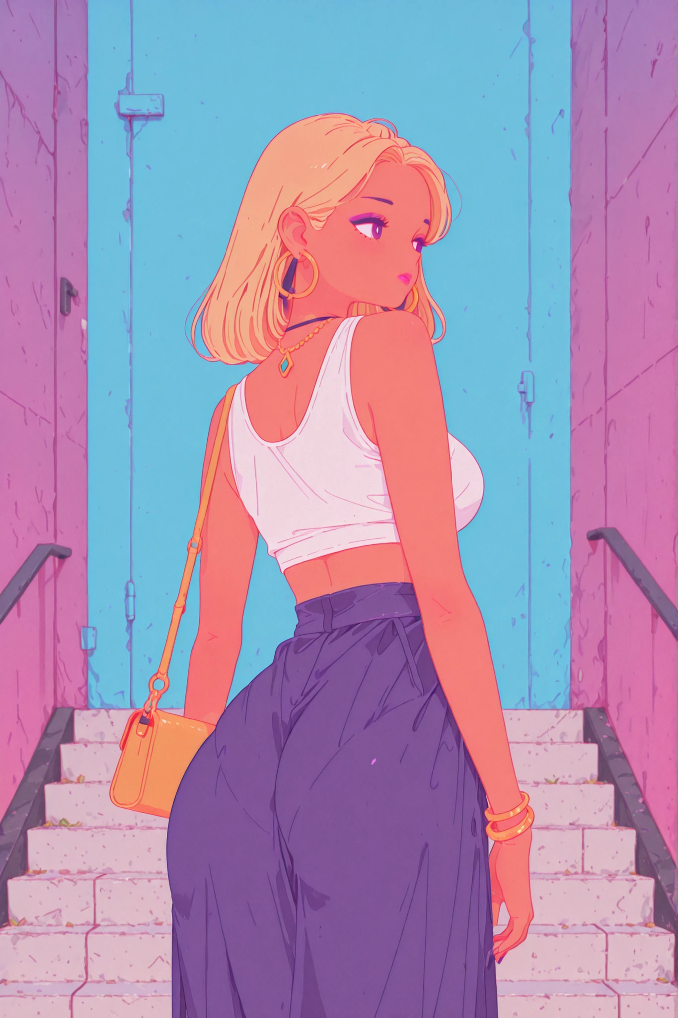 1girl, stairs, jewelry, handbag, solo, hoop_earrings, bag, breasts, earrings, perfect_round_big_ass, bracelet, dark_skin, dark-skinned_female, blonde_hair, long_hair, skirt, makeup, large_breasts, long_skirt, from_behind, looking_back, eyeshadow, necklace, lipstick, bangle, bare_shoulders, crop_top, pantylines