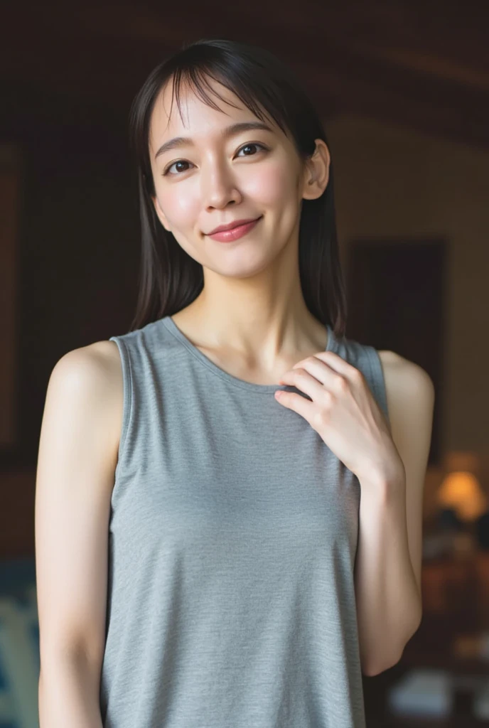 ((Realistic lighting， Highest quality，8k, masterpiece:1.3)), （（50-year-old Chinese woman，Large Eyes，smile，Sweat，8 Pack Abs）），Sharp focus:1.2, , Perfect figure，Looking into the camera，The face is delicate，((Gray Hair))，（Short sleeve trackwear），Ultra-fine face，Beautiful Eyes，double eyelid