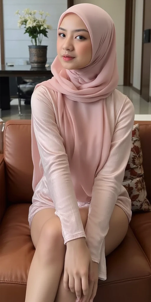 malay girl in hijab, (Elite secretary of light underwear high society), sit on chair，working in an office、 (Wear pantyhose)、(white hijab)、Crossed legs, Wear high-end heels、 (thighhighs and skirt), Shirt secretary, merchant,  Wear a shirt and skirt, Business attire, business outfit, RAW photo, (8K、top-quality、tmasterpiece:1.2)、(intricately details:1.4)、(Photorealsitic:1.4)、octane renderings、Complex 3D Rendering Ultra Detail,  vibrant detail, super detailing, realistic skin textures, Detal Face, Beautiful detail eyes, Very detailed CG Unity 16k wallpaper, Make up - up, (detailedbackground:1.2), shiny skins、Bare with thighs!!!,