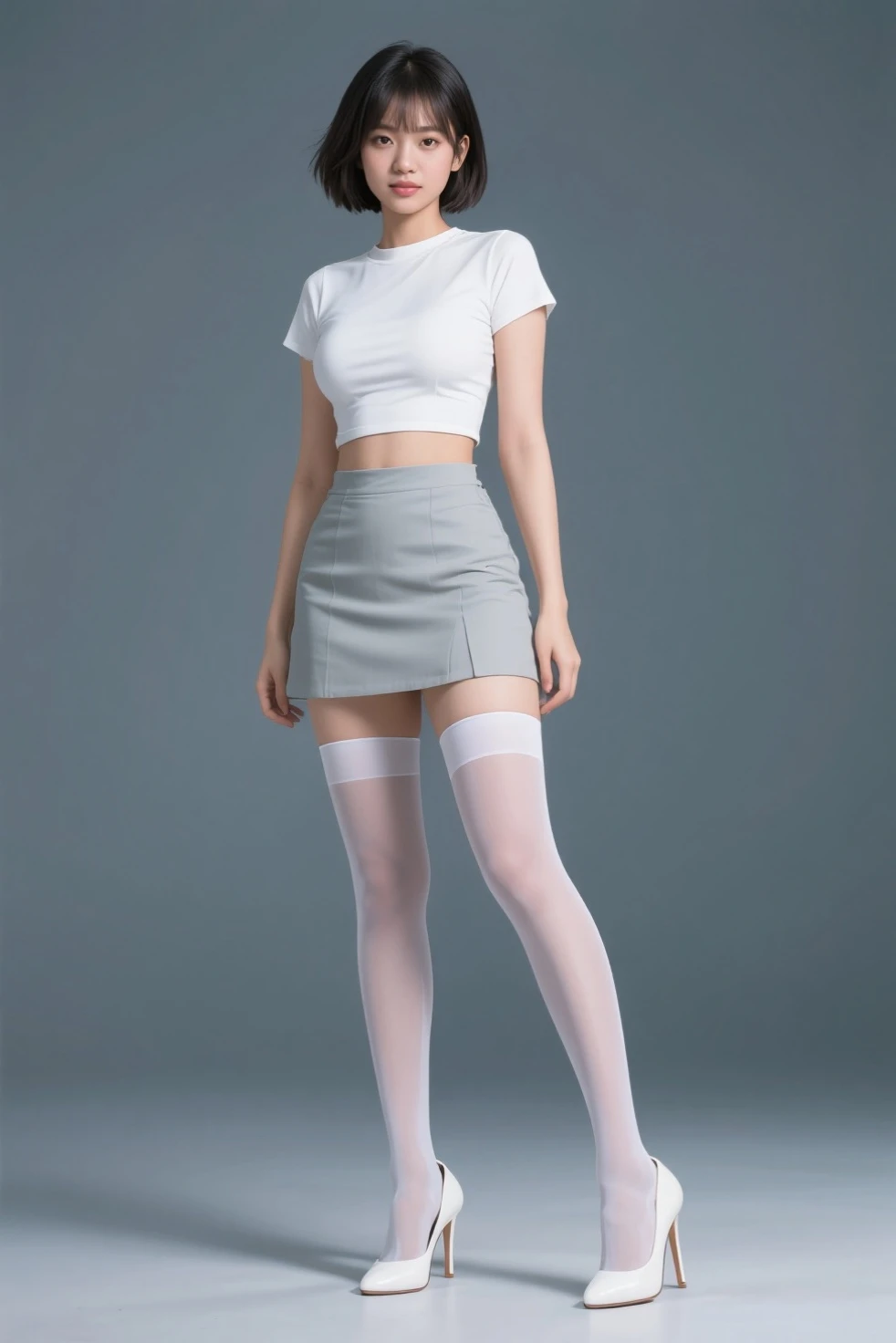 A group of female minions，White hip pantyhose，White ballet socks，white stockings，Thick white pantyhose，Thick white dancing socks，Super detail，UHD,highres,1080P,Anatomically correct，ccurate，huge tit，Cocked buttocks，Physical coordination，Photo portrait，slender thigh，Delicatemakeup，Full body photo
