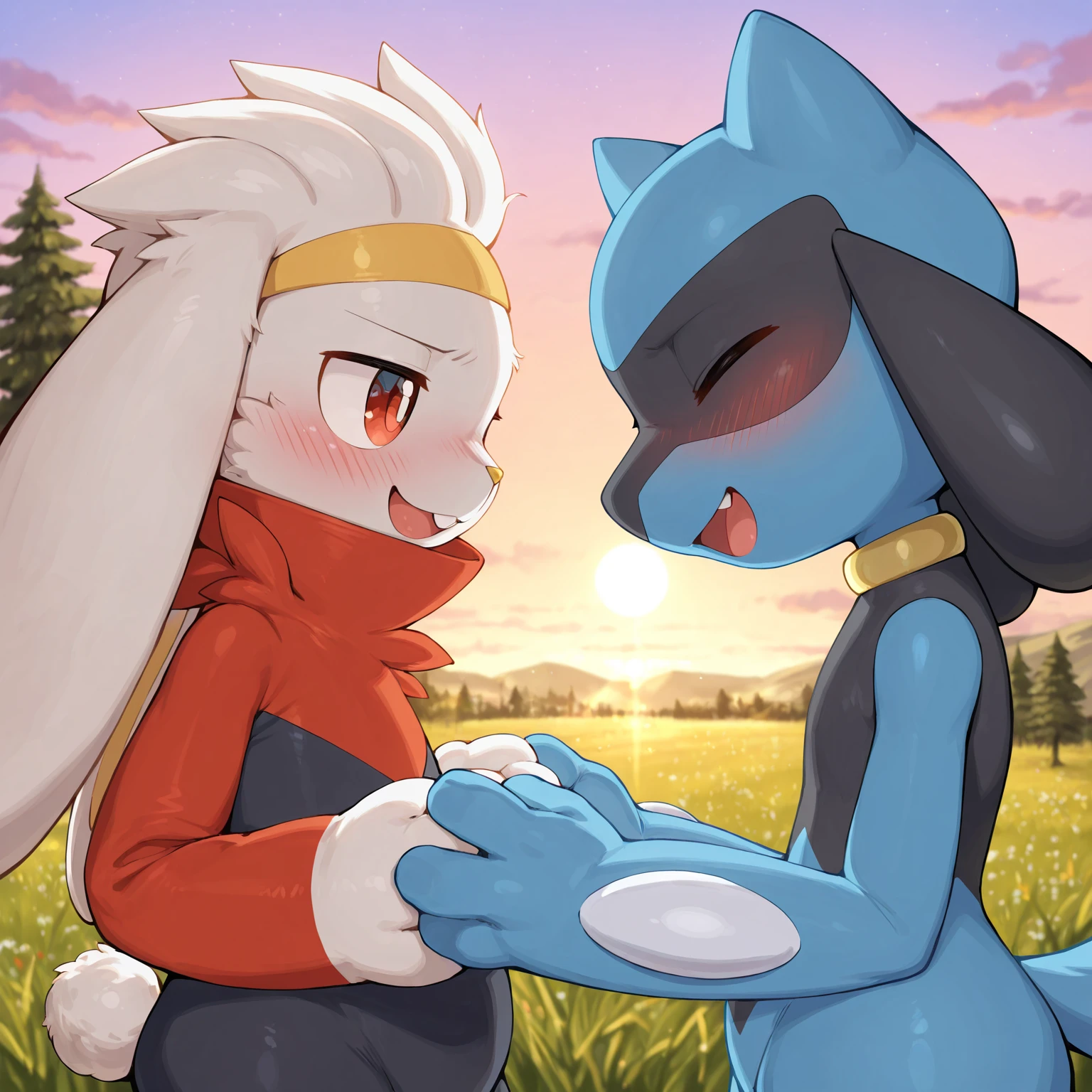 score_9,score_8_up,score_7_up, source_furry, a (male lucario Pokemon), he is getting sucked off by a (female cinderace pokemon), , outdoors, they are , , tall and slender bodies, kemono style, cinderace is giving lucario a , lucario is cropped out, side view