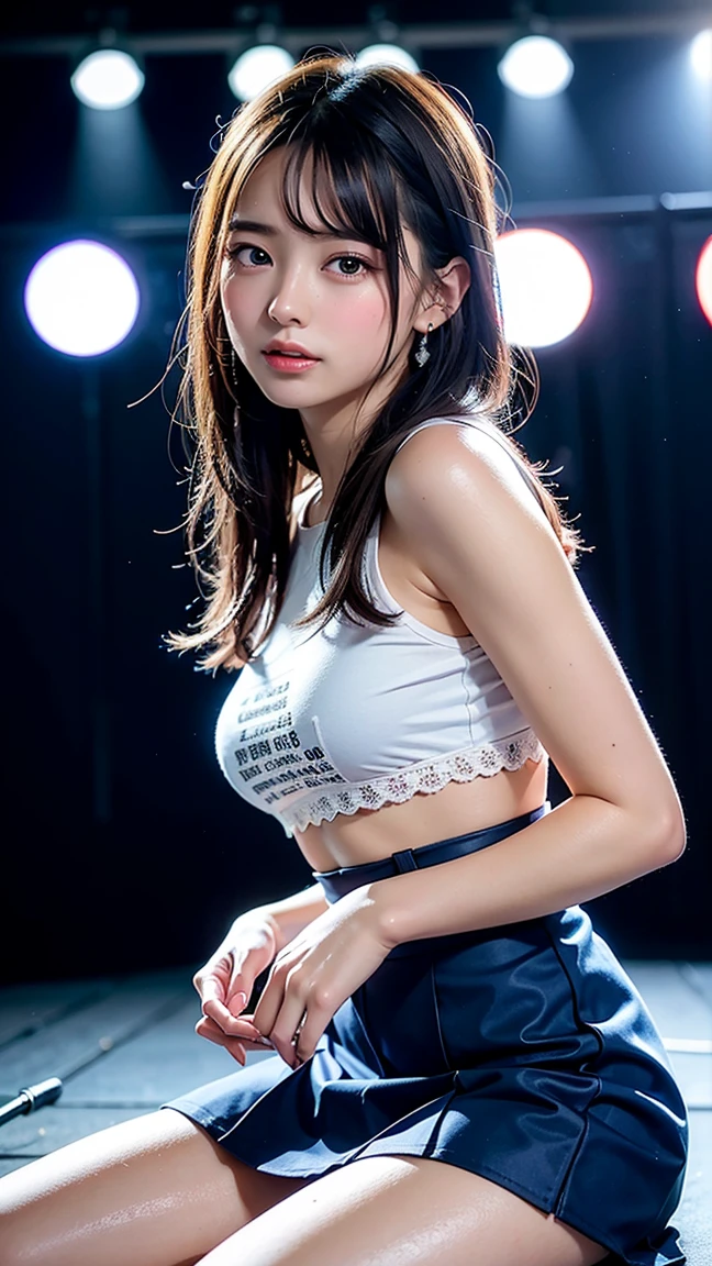 masterpiece, ultra high res, 8k, RAW photo, best quality, detailed shadow, amazing, finely detail, sharp focus, (bokeh:0.5), cowboy shot, (from before:1.2), (detailed and structured patterns:1.5), (Low Key Lighting:1.6), (acrobatic pose:1.5), (looking at viewer:1.2),lookung up, (walking:1.5), BREAK 1 girl, (large breasts:1), (brown medium long hair:1.4), (bangs:1.2), (skinny:1.2), ((dark blue)cheerleade:1.2), (((white)Skirt-style-cheerleade:1.3)), ((dark blue)bow:1.2), (she turns back:1.3), (wave hands:1.5), (embarrassed:1.5), (open mouth:1.5), (stadium:1.4)
