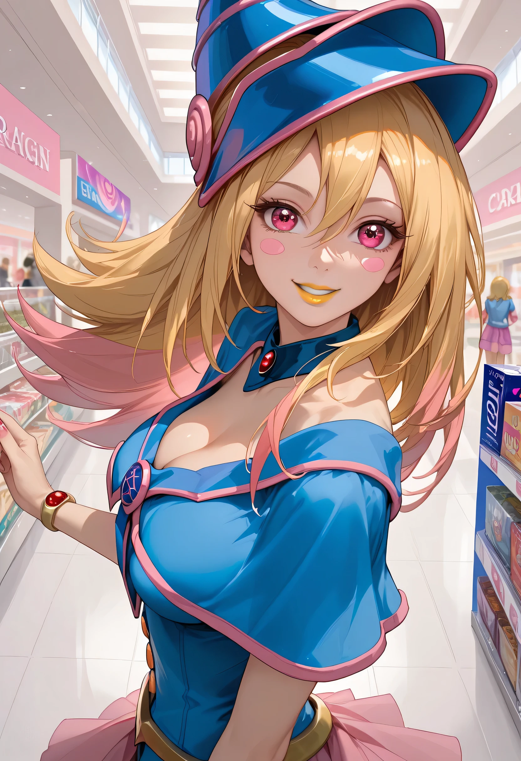 woman, anime style, yellow lipstick, large breasts, blonde hair, pink highlights in hair, pink eyes, cheerful smile, focus on character, looking at viewer, open arms, shopping mall, convention, side view, top view, cleavage, long hair, fantasy, Dark Magician Girl costume, Dark Magician Girl, Yu-Gi-Oh, Marin Kitagawa (My Dress Up Darling), Marin Kitagawa, solo