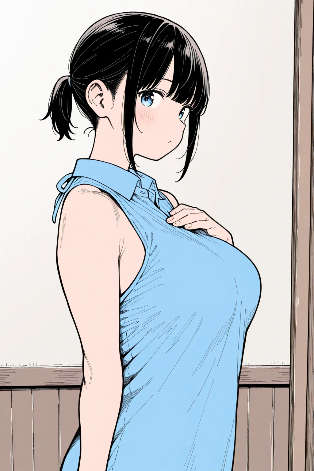 (Close-up、16K、highest quality、high detail、Rich skin details)、((nfsw))、(((sex)))、Watch everywhere、obedience、very big breasts、blunt bangs、obesity、medium hair、red eyes、blushed、((embarrassing))、A sloppy smile、wet、big ass、very large thighs、arms behind head、swollen nipples、both armpits、white knee socks、((light blue panty))、black hair、locker room、