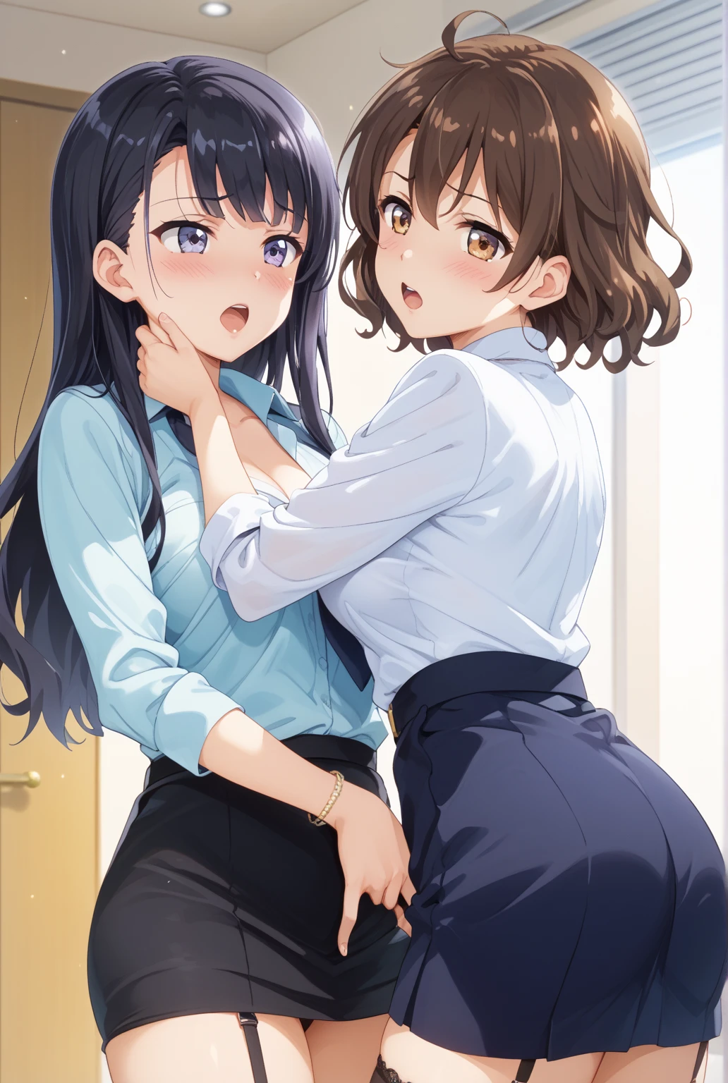 Anime Moe Art Style,highest quality,High resolution,Anatomically correct,Multiple women,Mid-teens,Mr.々Hair style,Super detailed,Big Breasts,Shiny skin,Beautiful Skin,A rich expression,Laughing with your mouth open,Naughty store,strip,Female student,Naked upper body,underwear,Remove your bra,Exposing the breasts,Nipples are visible,Touching your,Eyes drawn in detail,8K