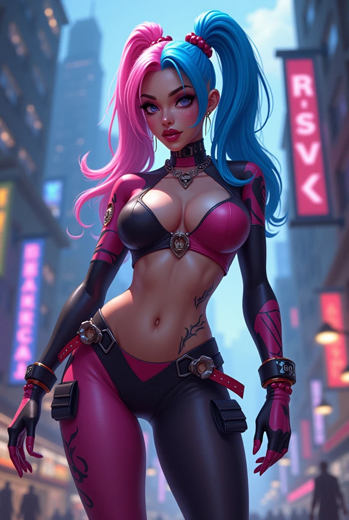 A (((full-body))), ((ultra-detailed)), ((masterpiece)) fantasy art ((illustration)) of (((Jinx))). Her (((whole body from head to toe))) is shown, including her feet.