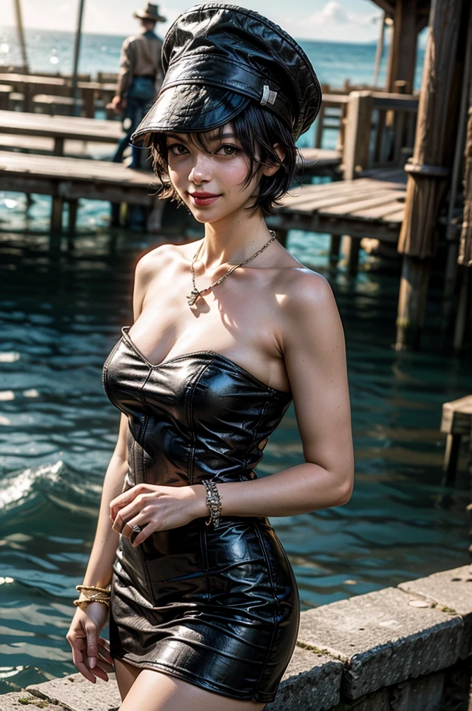 Masterpiece, top quality, (1 person: 1.3), 25 years old, short hair, colored tips, curly, earrings, tie, topless, corset, mafia style, handcuffs, sea, beach, beach, from above, (Dutch angle, fisheye), lens flare, red and black and gold one-piece swimsuit, surfing