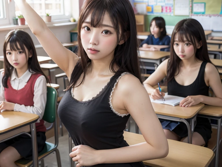 8K、High definition、Ultra Detail、Photorealistic、High resolution、reality的で正確な描写、reality的で正確な人体構造、Highest quality、Lots of Japanese women 、Multiple Beautiful Girls、(8k、Raw photography、Highest quality、masterpiece:1.2),(Black Hair:1.5),(Cute hairstyle、Bobcut、Very short hair、ponytail、Twin tails:1.4),(6 high school girls、girlたちはみんなとても美しい、wear 、:1.6)、(V-neck sweater、tie、Check skirt: 1.2)、(Clothing that emphasizes the shape of your chest、Beautiful breasts:1.6)、(Group attendance at school:1.4)、超High resolution,(girl' School changing room:1.4)、(Japanese women: 1.2),(Realistic:1.37)、Photon Mapping,reality、(everyone is so cute, Like an idol: 1.7)、(Cute Smile: 1.7)、(Round face: 1.8)、(Baby Face: 1.2)、Physically Based Rendering、Depth of field rally background、photograph,(all wear short skirts、Angle from below、Your thighs are beautiful: 1.5)、whole body、Great quality