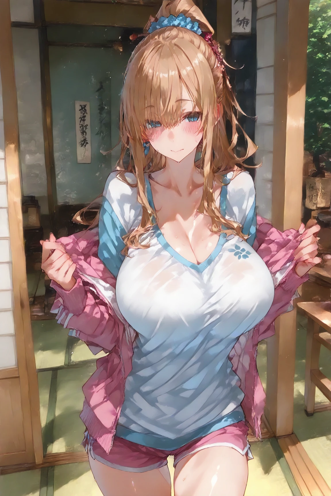 tall body, tall, long legs, mature female, mature, adult, outdoors, park, garden, lake, sunshine, sunlight, bright, greenery
eft_hajimete_blonde, 1girl, gyaru, jewelry, breasts, skirt, solo, green eyes, scrunchie, kogal, earrings, blonde hair, , clothes around waist, bracelet, cleavage, green skirt, gigantic breasts, wrist scrunchie, shirt, pleated skirt, ponytail, sweater, long hair, white shirt, bow, hair ornament, pink hair, sweater around waist, green bow, bowtie, closed mouth, hair between eyes, indoors, collarbone, cardigan, collared shirt, ahoge