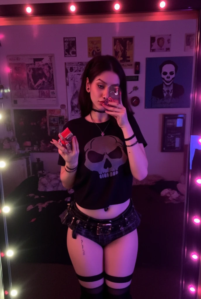 emo girl with pale skin, a pony tail, huge breasts stretching a black t-shirt with a skull imprint, and tattered jeans sitting on the floor of her messy bedroom, portrait, looking shyly at the camera, looking shyly at the camera, looks at the camera, looks at the camera