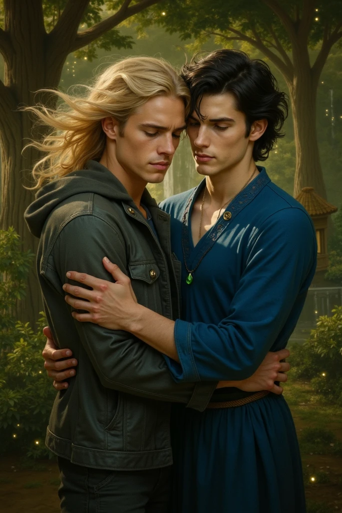 Please generate a beautiful 17 year old boy with blonde hair, blue eyes and a glare on his face and shoulder length white hair. He is tall with broad shoulders, muscles and a narrow waist and is hugging a tall, black haired, pale skinned beautiful 17 year old boy. Ancient setting. Weather is dark and there is a red forest in the background. Captured as a cinematic film still, shot on a V-Raptor XL, the scene is enhanced with bright sharpness and post-processing. The cinematic lighting and 35mm film quality create an atmospheric, epic, and stunning masterpiece, full of dramatic flair. Marks on his face, sweat, no facial hair. 