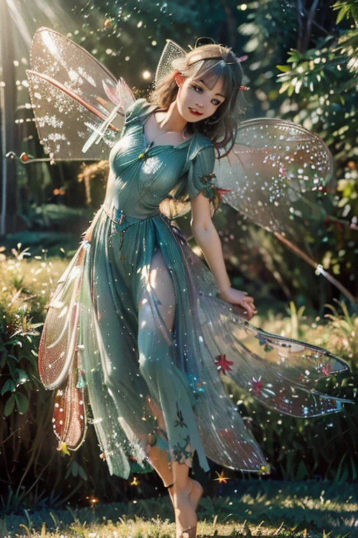 Photo of a gorgeous 20-year-old Finnish fairy wearing (Gerbera Decoration Dress:1.2) And (Delicate fairy wings:1.2), Grinning, (looking in camera:1.1), (Sateen:1.1), on forest path:, Proudly standing next to his portate, by Studio Ghibli, masutepiece, Barefoot, (Natural lighting:0.8), 8K, ((Realistic)), F/1.1, , the woods、covering the navel、hiding breast、(Curvaceous)femele(flawless skin:1.11)And(teats:1.1)、A smile、full body Esbian、Beautiful standing figure、