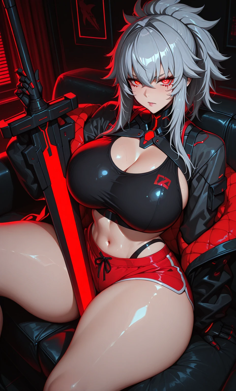 senjumaru shutara, long hair, bangs, blunt bangs, black hair, sidelocks, (black eyes:1.5), makeup, lipstick, red lipstick, anatomically correct, heavy breathing, huge breasts, breast press, solo, solo focus, masterpiece, best quality, 1girl, solo, grey hair, bodysuit, official bodysuit, cape, (hood:1.3), (detailed body, detailed face:1.5), (horizon:1.3), a woman in a black lingerie sitting on a couch in a room with a window and potted plants, transgressive art, cyberpunk art, Fan Qi, anime art, (shaded face:1.2), hollow eyes, brown eyes, looking at viewer, heavy breathing, expressionless, glowing eyes, lipstick,