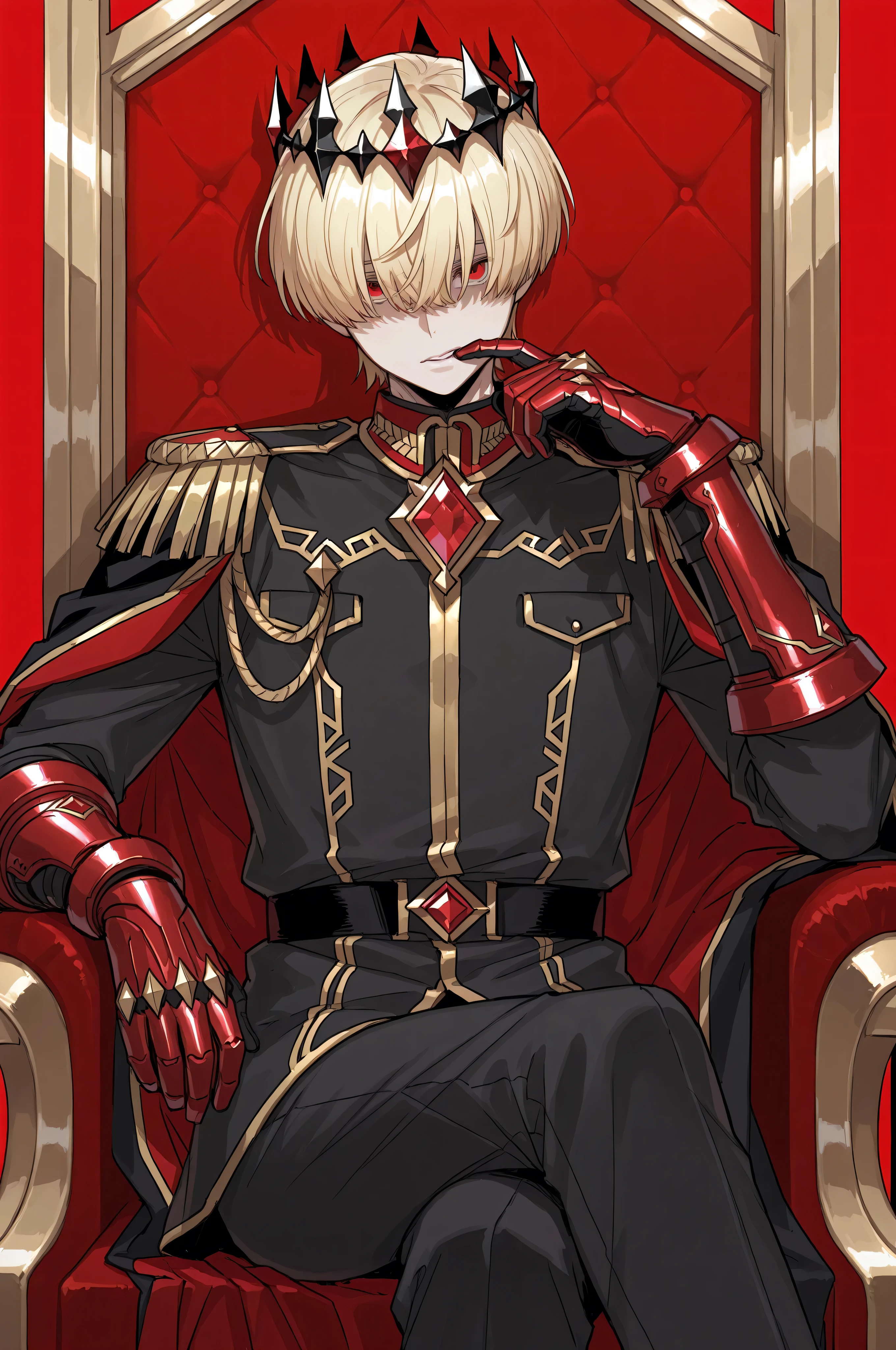 1 boy, short cut blonde hair, bangs over eyes, red eyes, diamond shaped crown, military uniform, red gauntlets, snaping, sitting on a throne, red background, look at viewer 