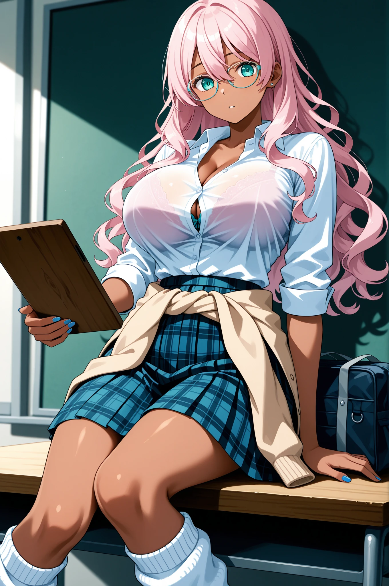 (masterpiece, highres, best quality:1.3), 8K, highly detailed, intricate, colorful, vibrant image, sharp focus, digital blending, 4K, trending on pixiv Ingrid, ((mid high school uniform)), solo, mature female, 40yo, milf, curvy, (dark skinned female:1.15), dark skin, posing, classroom, book, book on table, sitting on chair, leaning to table, (caring look:1.2), looking at viewer, cowboy shot, pink hair, very long hair, forehead, hair intakes, purple lipstick, makeup, mole under mouth, yellow eyes, perfect eyes, perfect face, ultra detailed hair, ultra detailed face, earrings, ultra detailed lips, large breasts, ultra detailed lipstick,