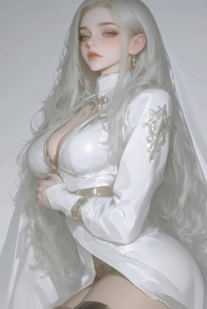 Kaguya from naruto anime, realistic, age 28, pure white skin, natural black horns, white pupils, third eye on forehead, white long hair, perfect face, perfect size body, perfect large breasts, white and black outfit, posing to viewer, 8k , ultra realistic, cowboy shot. 