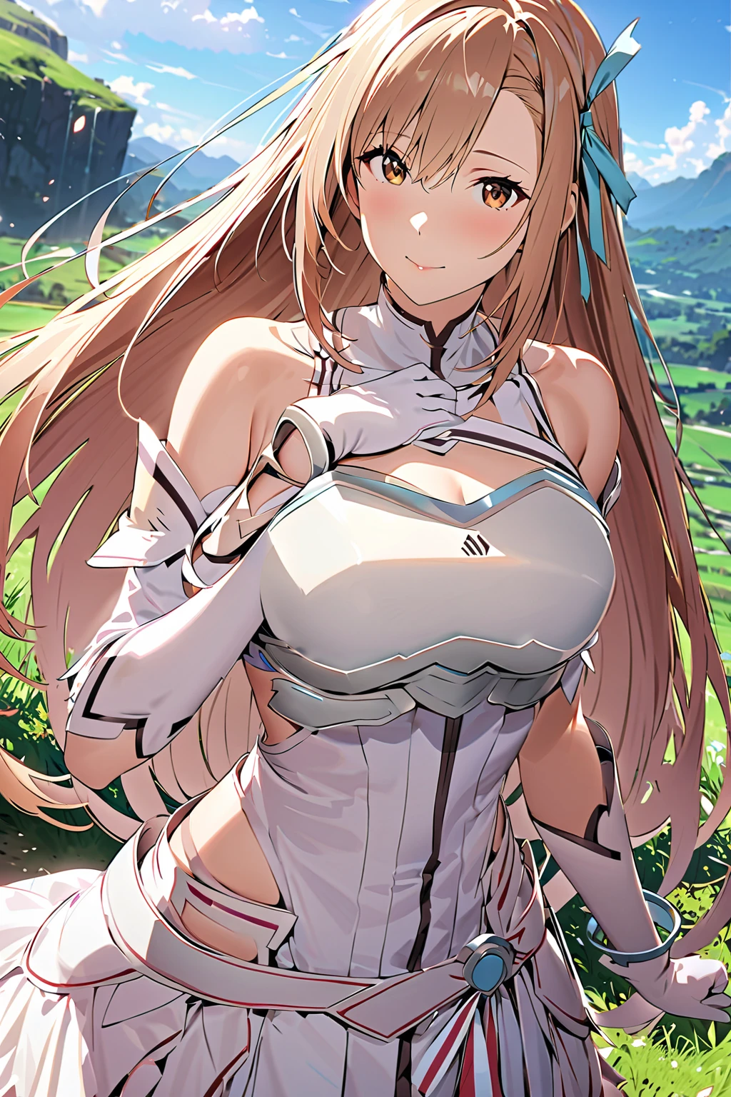 stacia, asuna, asuna_\(sao\), 1girl, (sexy pose:1.2), fantasy, highres, original, realistic, (excite), scenery, close_up, upper_body, (standing on a grass), smiling, solo, (potruding nipple:1.2), long hair, (huge breasts:1.0), looking at viewer, smile, open mouth, bangs ,detailed eyes, beautiful background, (on the forrest), hands on the chest, orange hair, (spread legs:1.3), thighhighs, gloves, dress, (cleavage:1.4), (grab tits:1.6), bare shoulders, brown eyes, very long hair, (full body:1.5), white gloves, white dress, (open chest:1.5), armor, white thighhighs, garter straps, breeze, white armor, abec