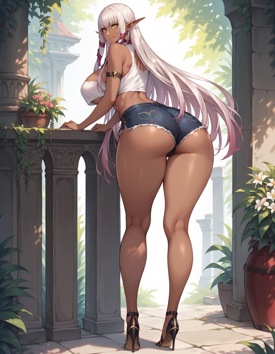 (8K, 4K, Best Quality, High resolution: 1.2), (Masteristic, Realistic, Photoreal: 1.4), One Woman, Solo, Beautiful face, she is smiling、Shining Lipin Eyes, Beholder, Fair skin, White skin: 1.5), fine complexion, Full body white Esbian,, Big, Big, ridiculously long hair, purple color hair,, Bangs, Hair ornaments, with two sides up,, 年轻, White T-back、s asack-view、T-back that digs into the buttocks、She just wears a thong in return、big butts、Long tights、Colossal tits、H-cup、Exposed nipples、Horns are growing、It emphasizes your butt、She is a succubus、A tail grows from the coccyx.、Scruffy nipples、Obscene、She wears nothing but white underwear