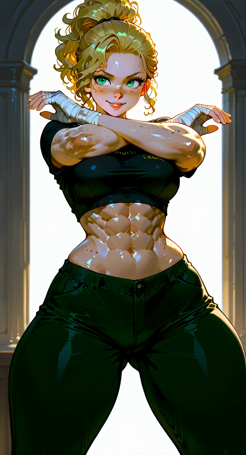 realistic, 1girl, yellow hair, yellow eyes, glowing eyes, skirt, parted lips, blush, gym, abs, muscles, biceps