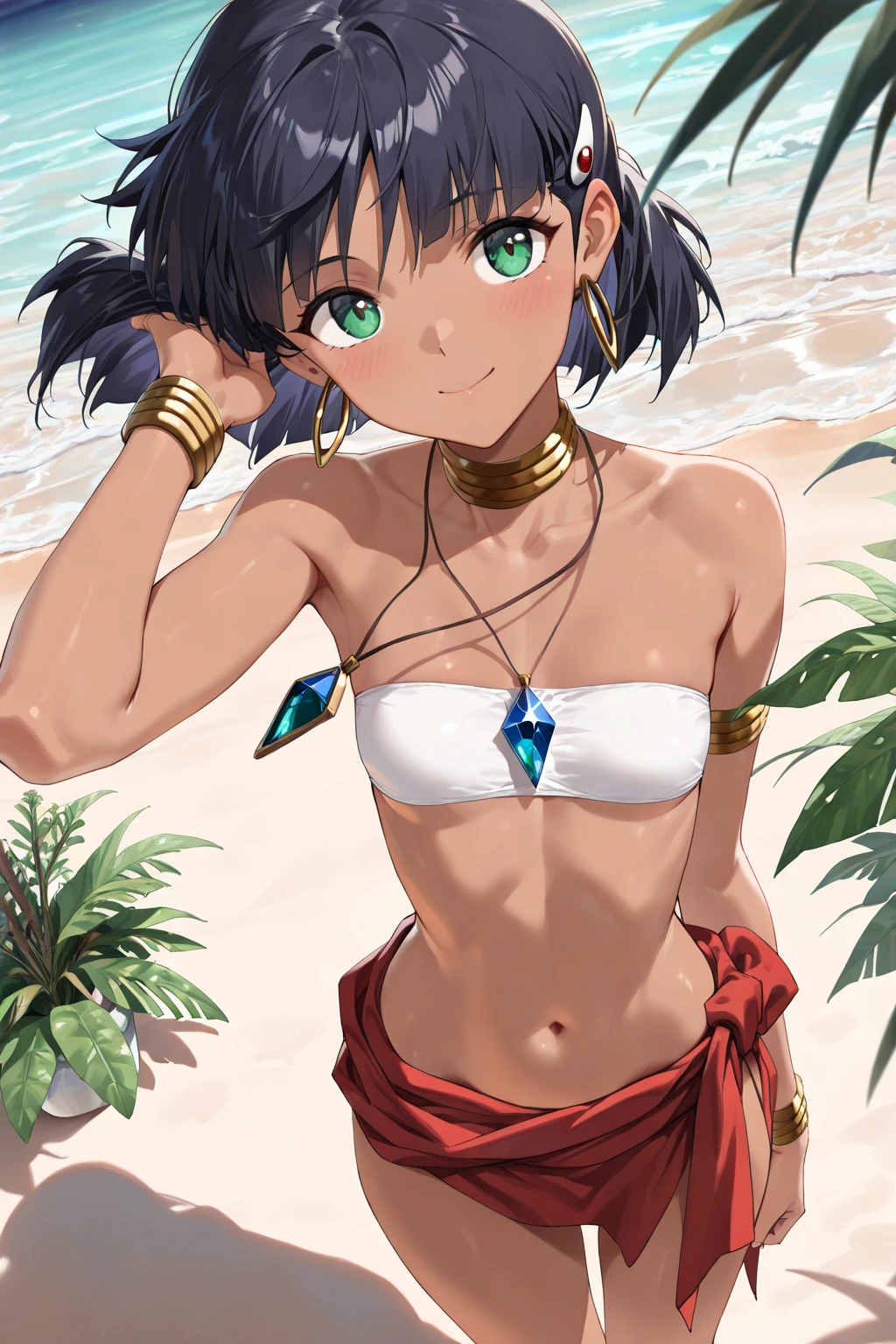  solo, 1girl, hikage, crop top, tattoo, off shoulder, looking at viewer, best quality, v-eyebrows, solo, night sky, beach, arms behind head, short hair, contrapposto, spread armpits, closed mouth, expressionless, (cowboy shot:1.5),