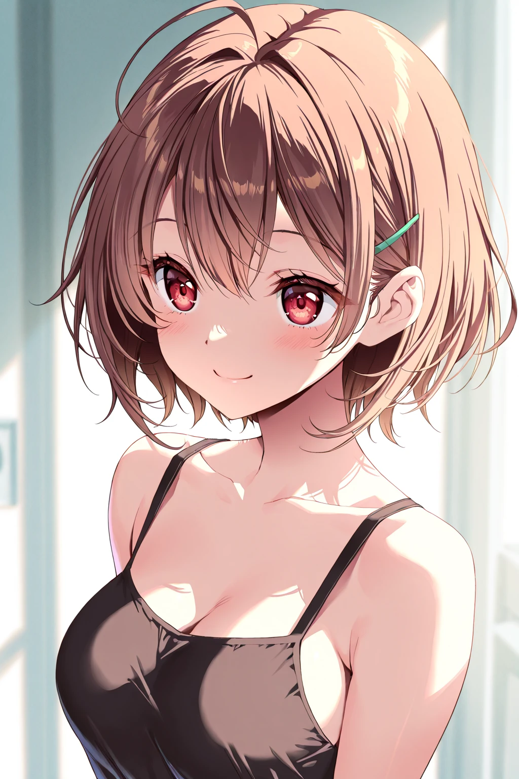 masterpiece, best quality, 1girl, solo, higuchi madoka, brown hair, mole under eye, hair ornament, hairclip, short hair, bangs, purple eyes, <lora:higuchi_madoka_V10:0.6>, breasts