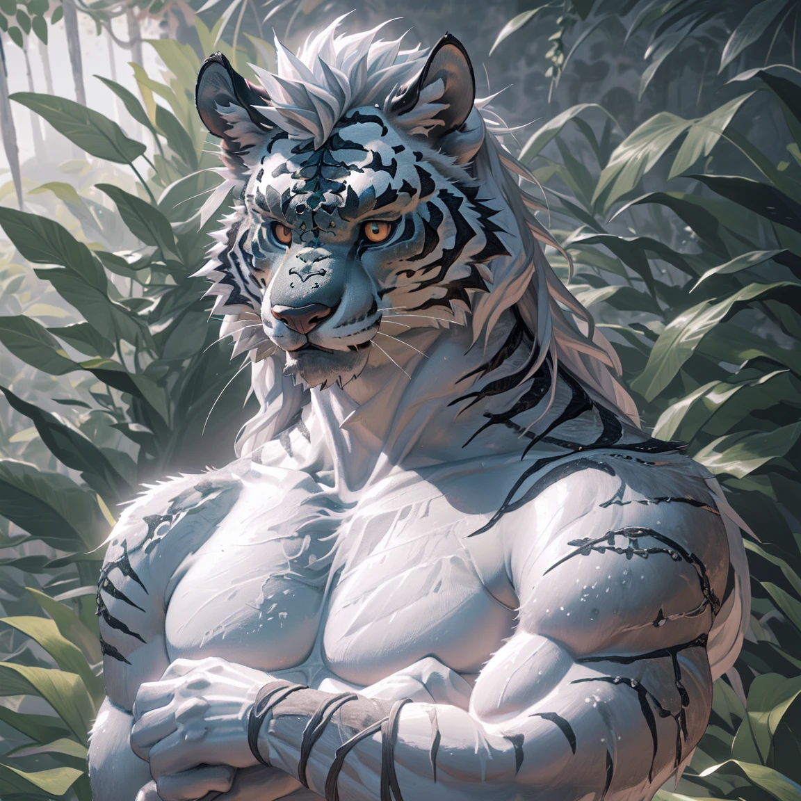 (masterpiece),(highres),(intricate details:1.4),extremely detailed,(illustration:1.2),8k,photorealistic,Anime headshot,exquisite,full body shot,aged,elder male tiger,white fur,muscular,warrior,(naked upper body:1.4),(white hair:1.3),hot jungle,sexy 