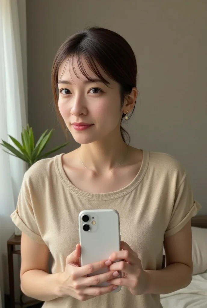 ,(selfie shot:2), ( Close Up),(from above:1.5),(flat chest:1.3), Top quality, 1 beautiful Japanese woman, teen,high school student,(18 years old),bob cut, (brown hair:1.2), Ultra-realistic capture, Highly detailed, High resolution 16k close-up of human skin. Skin texture must be natural, With such detail that pores can be finely identified. Skin should look healthy, In a uniform tone. Use natural light and color,
