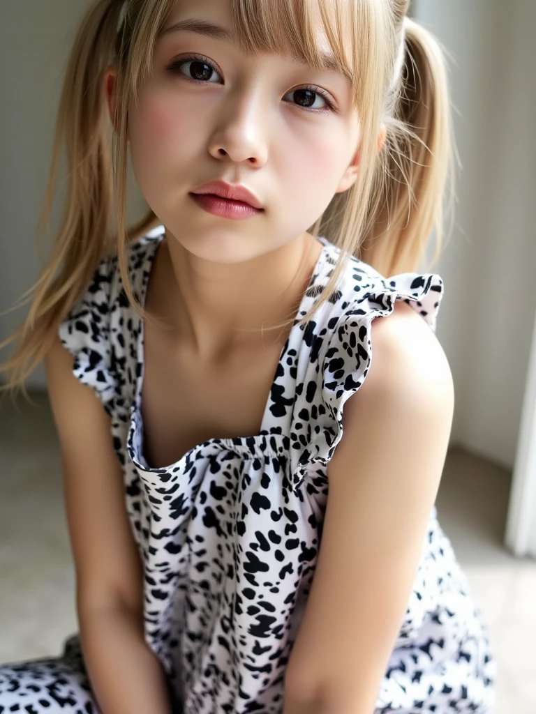 ((Are standing)) , (Hands on knees) , Leaning forward , masterpiece , Highest quality , Very detailed , (15-year-old female)、Blonde、Short Hair、Earrings