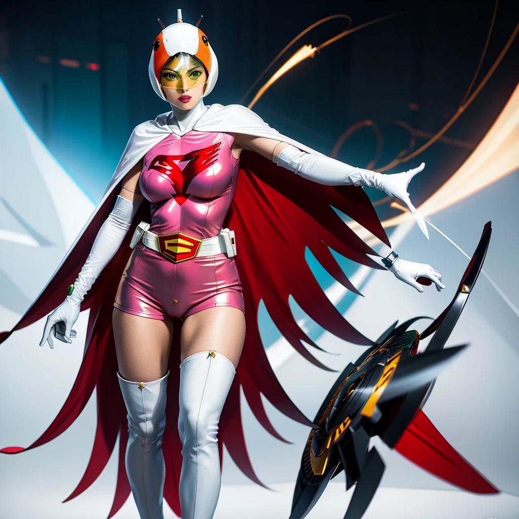 ANI_CLASSIC_jun_gatchaman_ownwaifu,1girl, 15yo,good anatomy, masterpiece, best quality,realistic, hyper realistic, 16k hdr, long hair,breasts,lips,large breasts,lipstick,makeup,gloves,cape,helmet,belt,elbow gloves,white gloves,mask,ultra miniskirt,leotard,spacesuit,white tight overknee highheels boots,pink dress,superhero,bodysuit,cleavage,erected nipples,(jumping poses),cameltoe