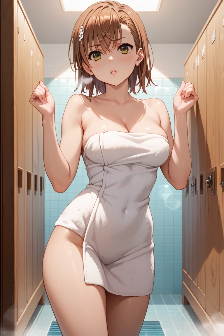 、(masterpiece、Highest quality)、Highest quality, Ultra-high resolution, (((masterpiece))), alone, Sweat、Big eyes, Composition from the front、Shortcuts、Embarrassed face、Bronze colored hair、Cut the back hair short、Bathroom、Shower scene、 Expose、Completely naked、pubic hair、belly button、Large areola、Nipples、short hair