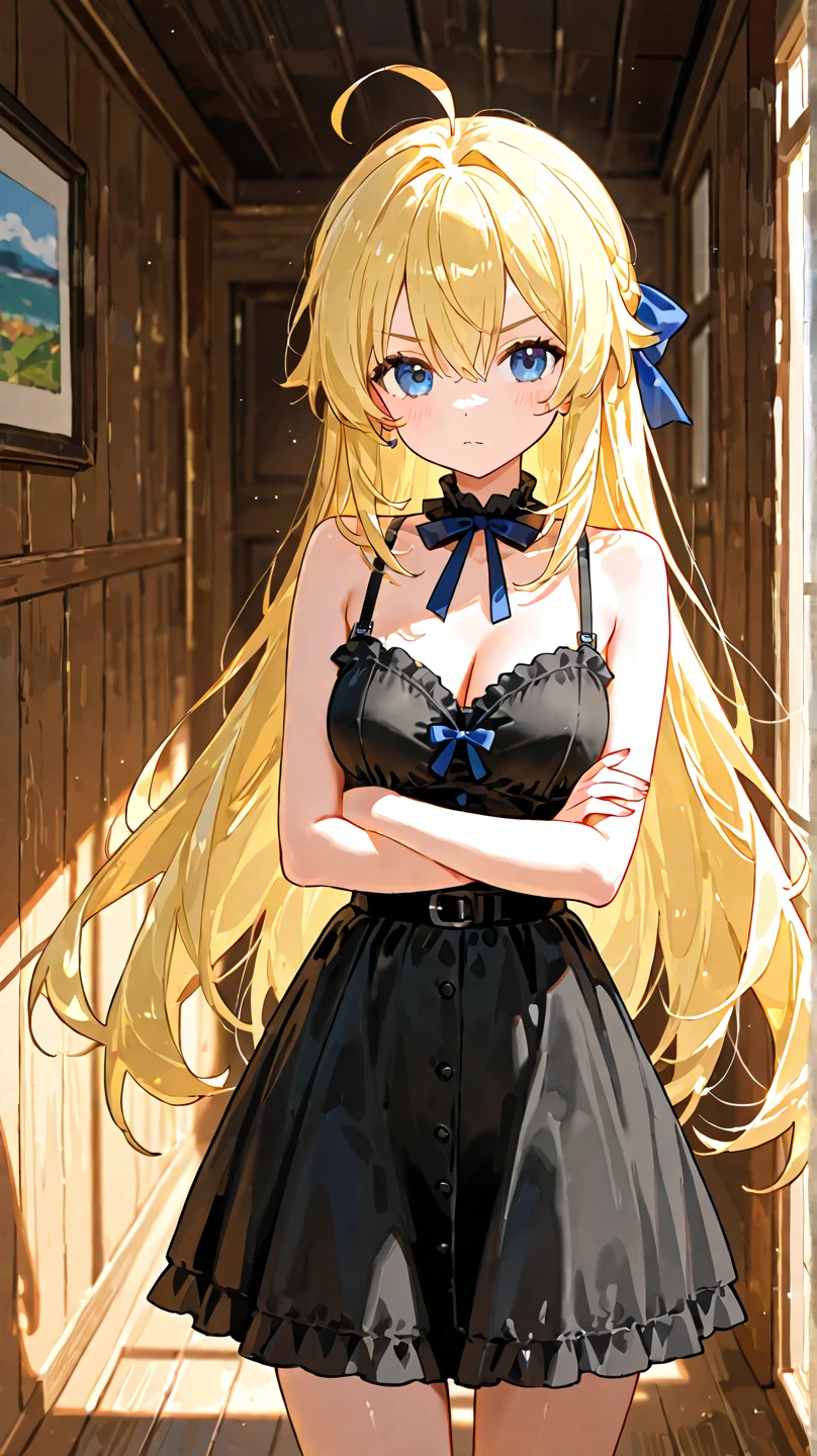 ultra detailed, masterpiece, best quality, solo, soft smile, light smile,
1girl, blue eyes, very long hair, blonde hair, long blonde hair, french braid, bangs, medium breasts,
hair ribbon, frilled choker, criss-cross halter, sleeveless dress, high-waist skirt, <lora:NoChichiBukuro:-1>
