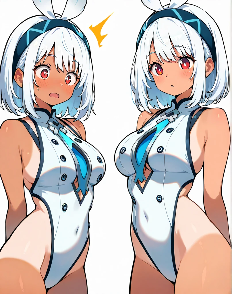 ((Konpaku Youmu)), short hair, white hair, bangs, multiple expressions,thick thighs, leotard, masterpiece, best quality, absurd res, character sheet, multiple views of the same character, full body, large breasts, blue eyes, black bowtie, Black hairband, sexy, perfect face,