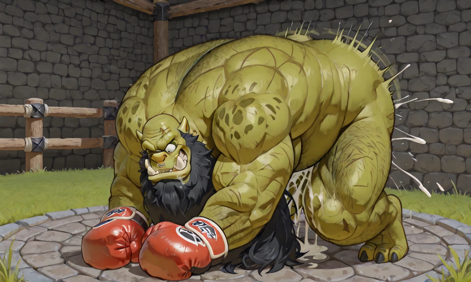 score_9, score_8_up, score_7_up, solo, male focus, muscle male, young , orc, green skin, tusks, beard, nipples , micro armor , shoulder armor , laboratory , (( damaged black tight )) , ((( bound with tentacles ))) , full body , armor boots , (( flex muscles pose )) , laying spread legs , massive ass , tear , ashamed face, low-angle