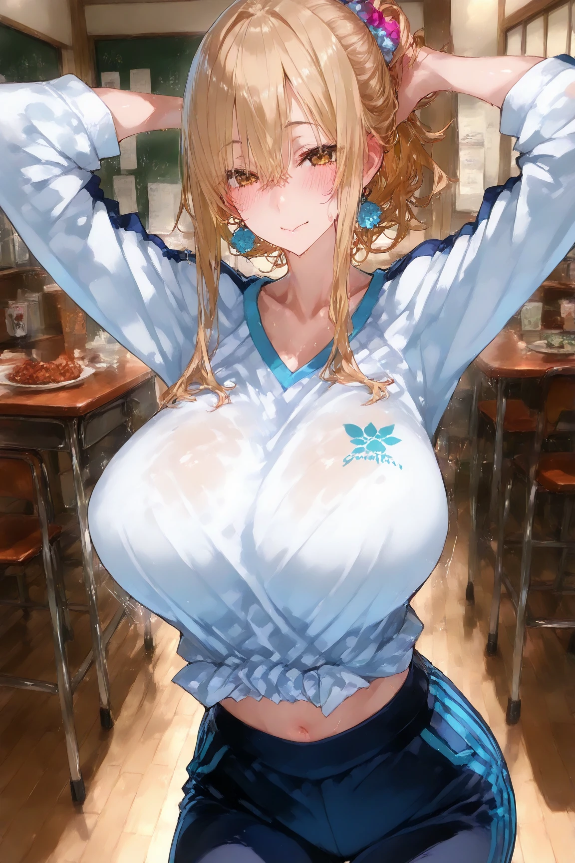 score_9, score_8_up, score_7_up, score_6_up, score_5_up, score_4_up, source_anime
, 1girl, Yoimiya (genshin_impact), genshin_impact, big breasts, collarbone, breasts focus, floox style, \\\\\  jacket,, open clothes, orange jacket, orange track suit,, sportswear, standing, track jacket, orange track pants, track suit, \\\\\ steam, steaming body, sweat,, rating_explicit, high resolution, deep breath, head out of frame, grey background, solo, nipple slip, smile, double V, stars, orange-red makeup painted at the corners, and shoulder-length light strawberry blonde hair, happy