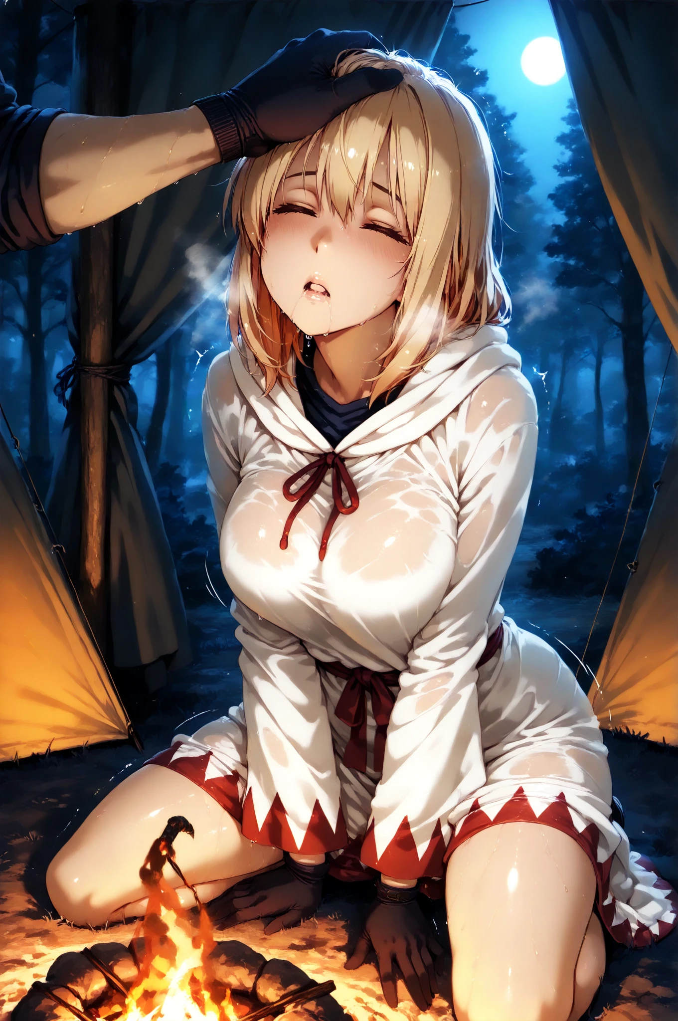 1girl, nsfw, houjousatoko, short hair, blonde hair, purple eyes ,hairband, ,hand between legs, 　mouth open sloppily, drool, empty eyes ,looking away , large breasts, nipple, Running, ,, Heavy snowfall area　frozen , Sweating profusely, Love juice, Wet Woman, female , mountain Alone, , Naked, solo, 1girl, 　amusement park ,, Peeing, lactation, projectile lactation, FIRE
