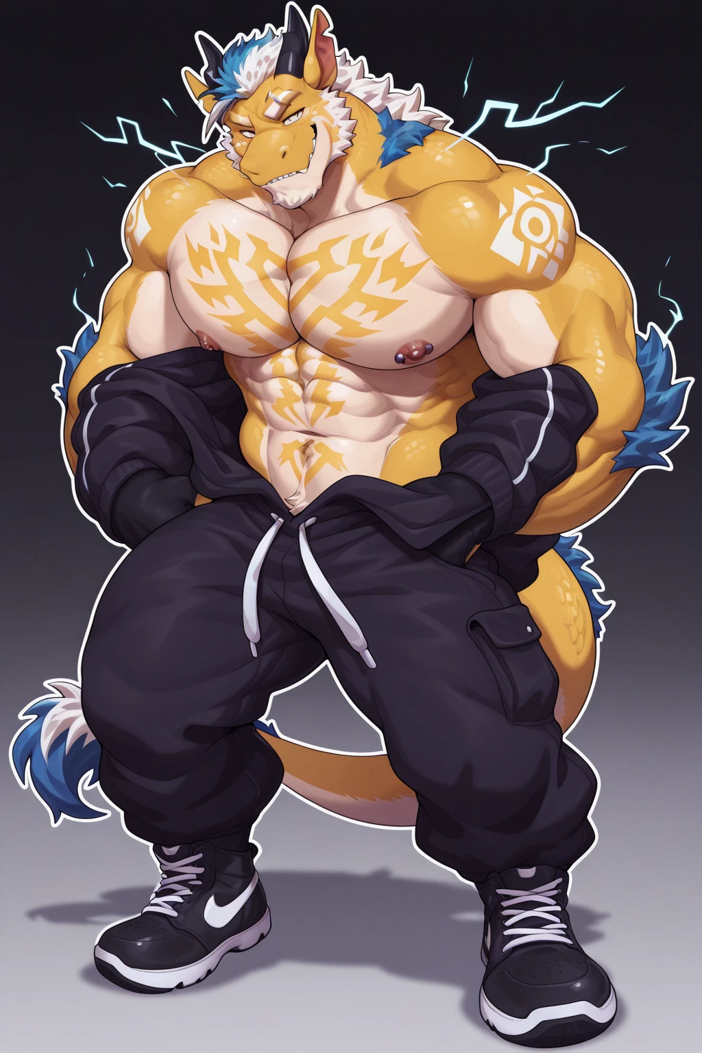 masterpiece,best quality,(front view),(worm eyes view),worm eye perspective, low angle,kemono, anthro dragon, male, restroom,urinals, gold body, black belly, (detailed scales:1.5), delicate eyes,stained top tank, black board shorts,(pants half off))),(yellowing fudoshi:1.5),urine,sweat,dirty,panting,satisfying expression,detailed tooth,hd, dark shadows, wide dynamic range, hdr, low light:1.2, by Pino Daeni, (by ruaidri), by virtyalfobo