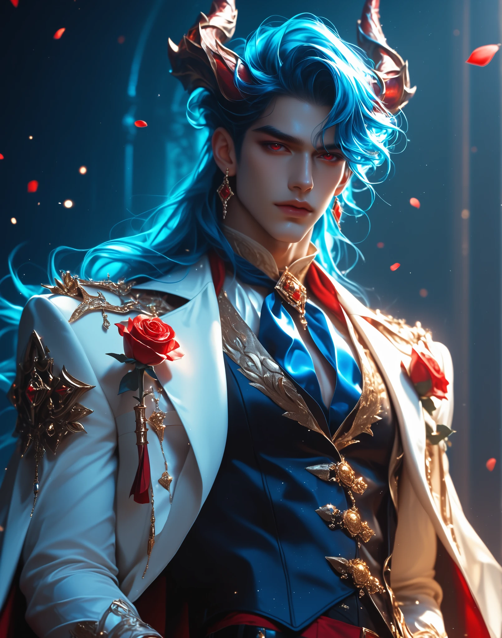 (((Masterpiece))), top quality, handsome dapper male, super detailed, white corset vest, pants, shiny fair skin, very long straight blue hair, red eyes, dragon horns,adorned with a gold crown decorated with large red roses. His clothing reflects a fusion of luxury Vampiric fashion and retro elements, incorporating more flowers, exuding a regal and whimsical presence, (side shot), looking at viewer, ((male focus)), futuristic, shimmer, volumetric lighting, cinematic lighting, glitter and chrom,semi-realism,masterpiece, best quality,absurdres 