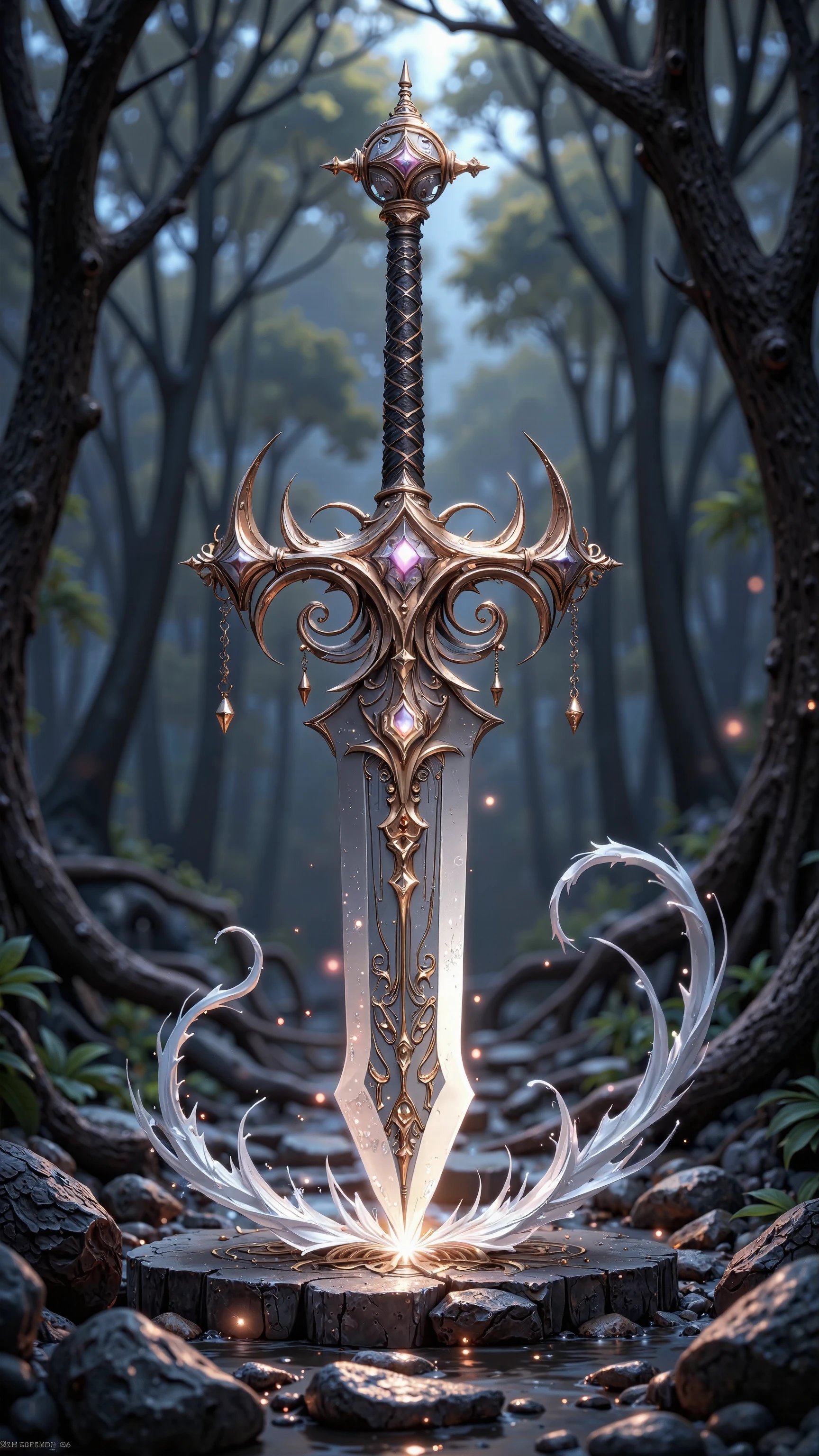 8K, HDR, masterpiece, photography,photorealistic,detailed illustration of an ancient Vampire god's sword, white and gold tetradic colors, fantasy art, watercolor effect, bokeh, hand-drawn, digital painting, soft lighting, retro aesthetic, 4K resolution, photorealistic rendering,