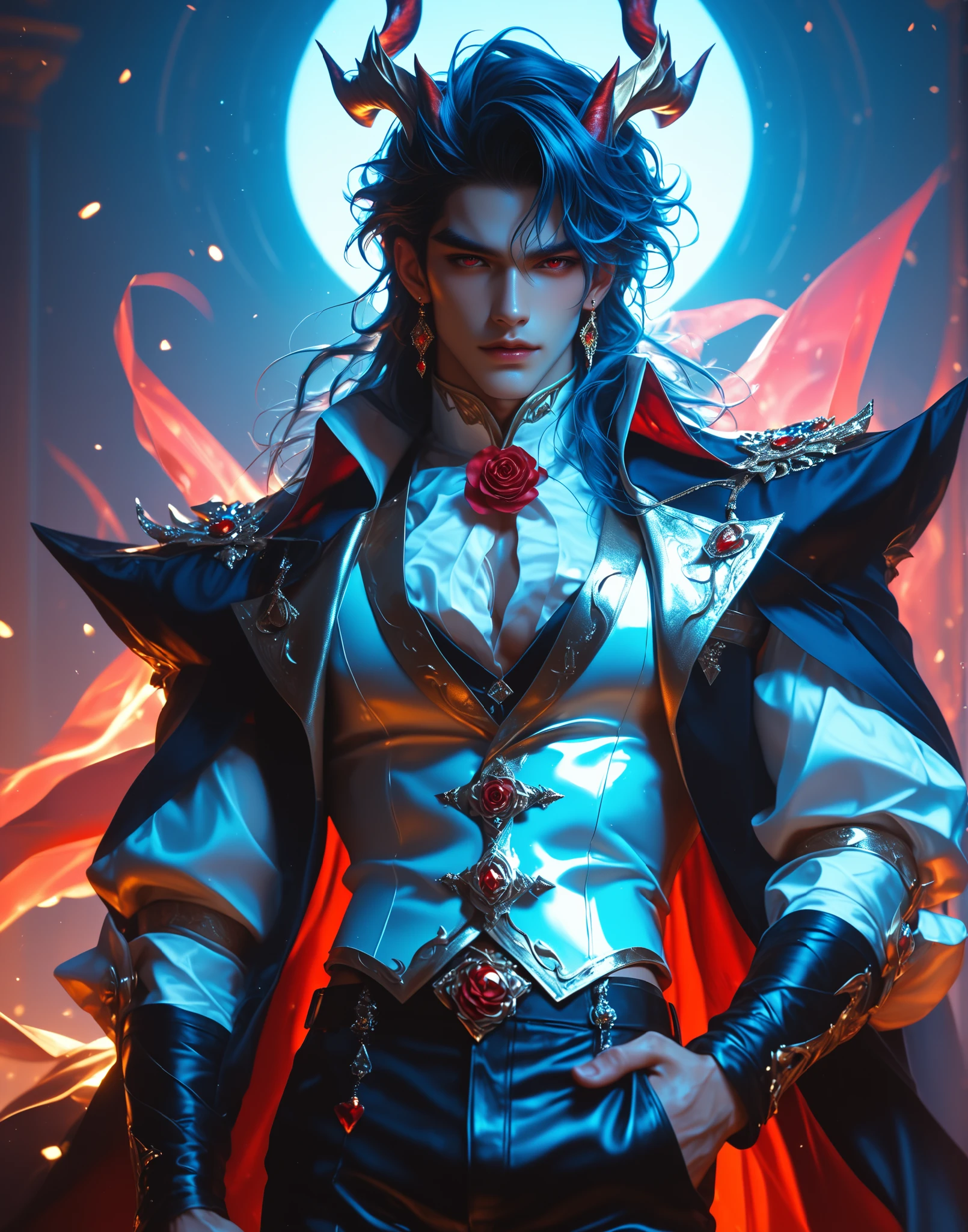 (((Masterpiece))), top quality, handsome dapper Asian male, super detailed, white corset vest, pants, shiny tan skin, very long straight blue hair, red eyes, dragon horns,adorned with a gold crown decorated with large red roses. His clothing reflects a fusion of luxury Vampiric fashion and retro elements, incorporating more flowers, exuding a regal and whimsical presence, (side shot), looking at viewer, ((male focus)), futuristic, shimmer, volumetric lighting, cinematic lighting, glitter and chrom,semi-realism,masterpiece, best quality,absurdres 