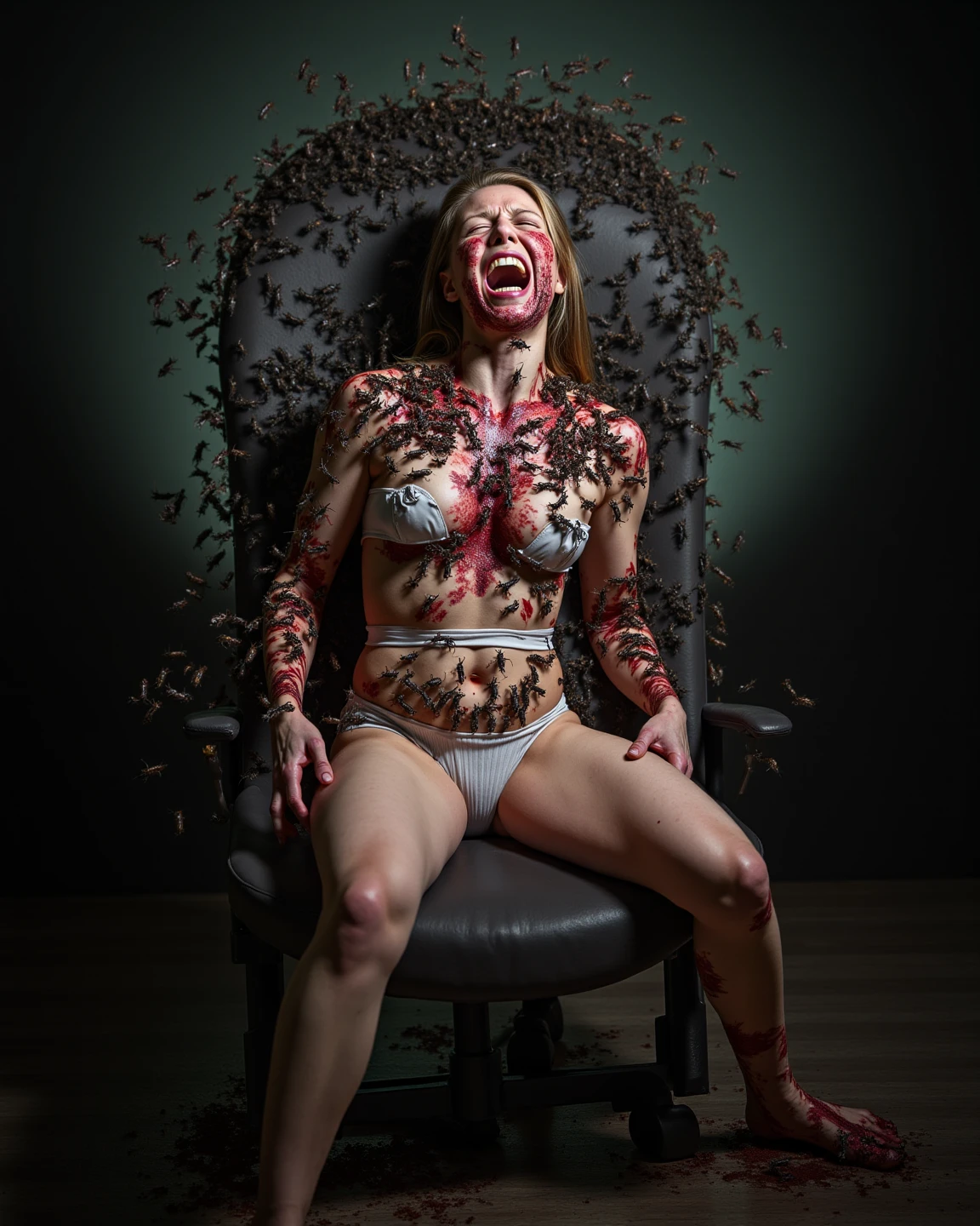 Decomposing woman dressed in thong latex leotard sitting on a throne, in the center of an empty room, alone, ominous atmosphere, dark ambient, horror movie, cinematic, dramatic lights, ultra detailed, photorealistic, masterpiece.