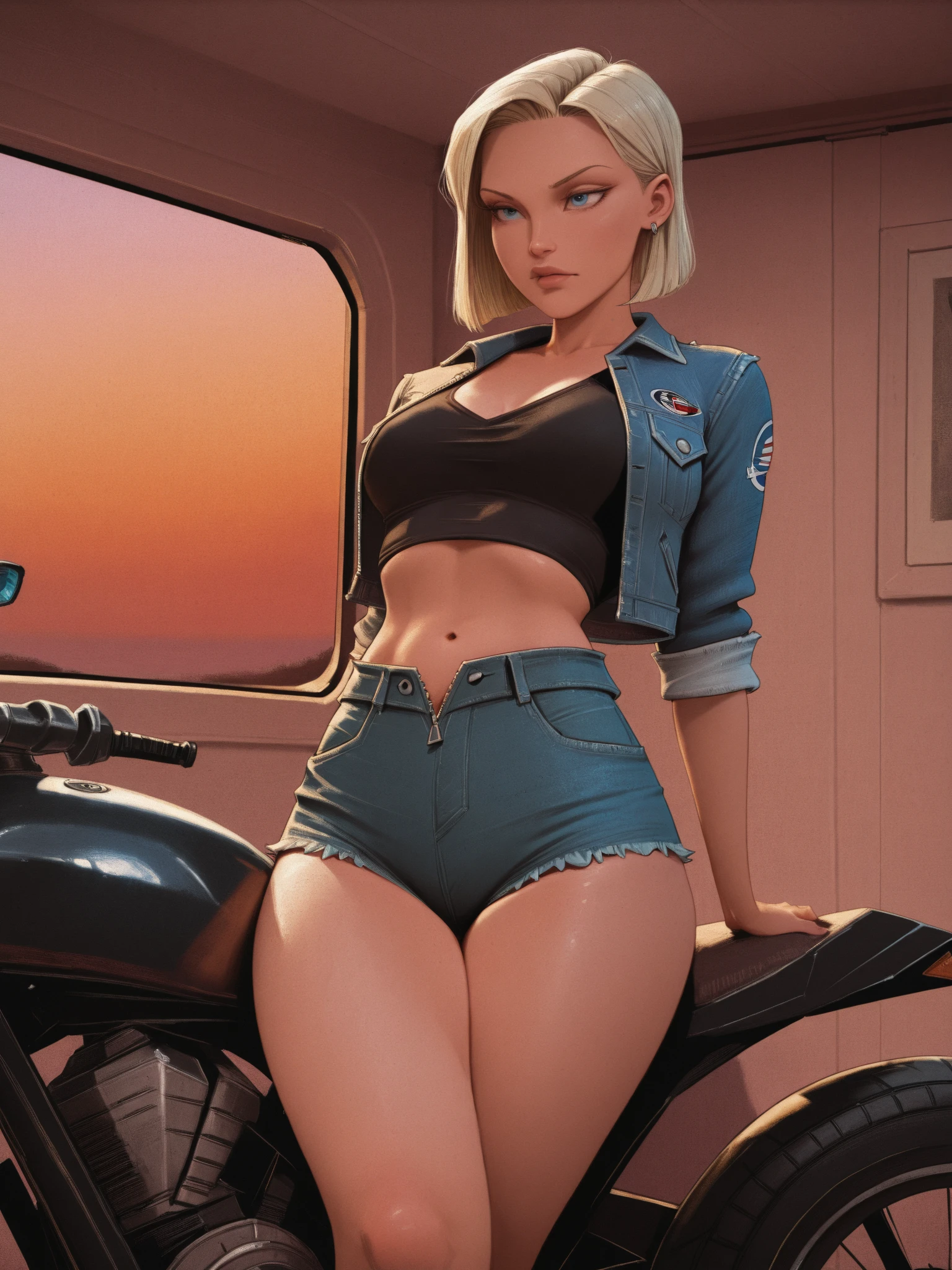 best quality, masterpiece, (photo realistic),extreme realism, milfpeaches, detailed face, (pinup girl pose)1.3, score_9,score_8_up,score_7_up,source_realistic, 1girl, (asymmetrical hair-length bob haircut), platinum blonde hair, diamond earrings, diamond choker, (braless see-through cropped top), large natural breasts, (sexy belt) ((tight) (black micro-skirt)), red thong (cameltoe)1.2, (black tights, stockings)1.3, high ponytail, cloud, highleg thong, (amazing panorama, blue sky), thick toned thighs, toned legs, outdoors, day, sky, normal angle, (multiple view:front view), uncensored